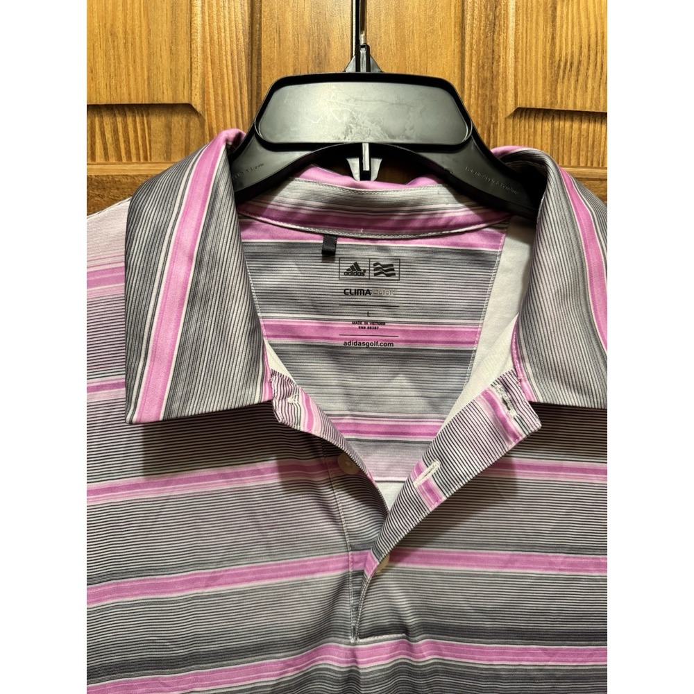 Adidas Men's Purple Pink Striped Climacool Golf Short Sleeve Polo Shirt Size L - Picture 4 of 7